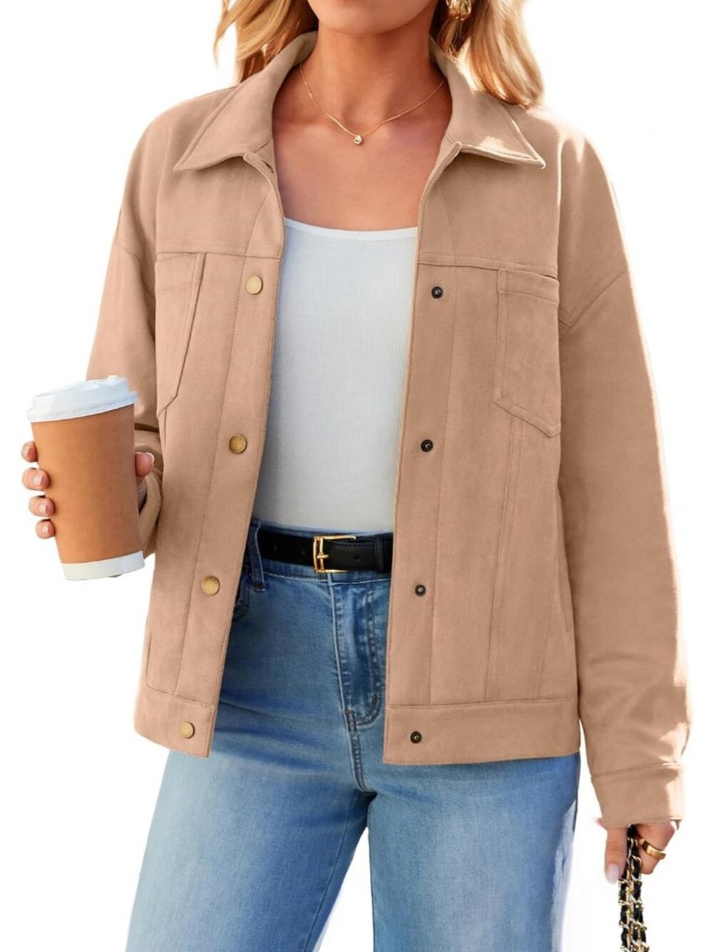 Women's Khaki Faux Suede Slightly Oversized Button-down Drop Shoulder Shacket